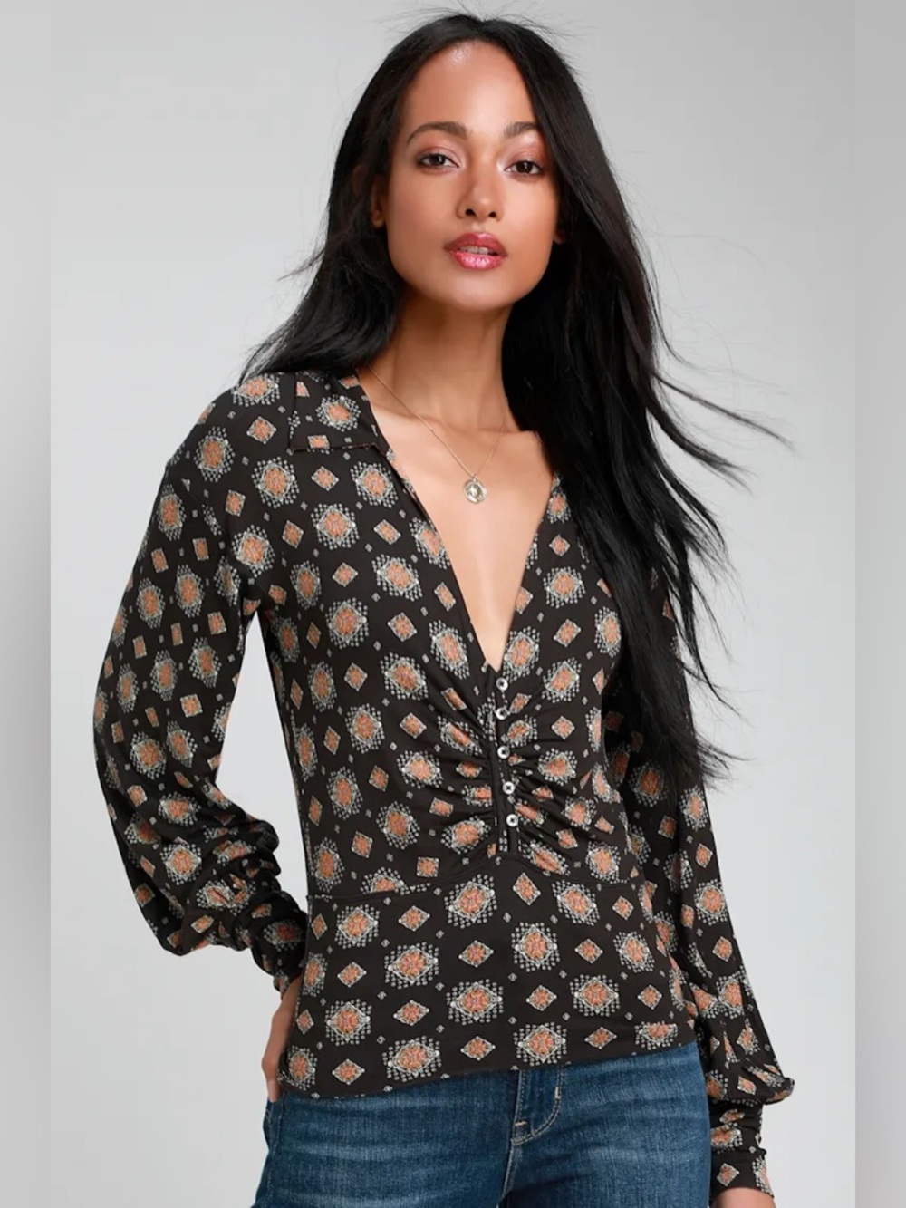 Free People Sydney's Party Washed Black Print Long Sleeve Top
